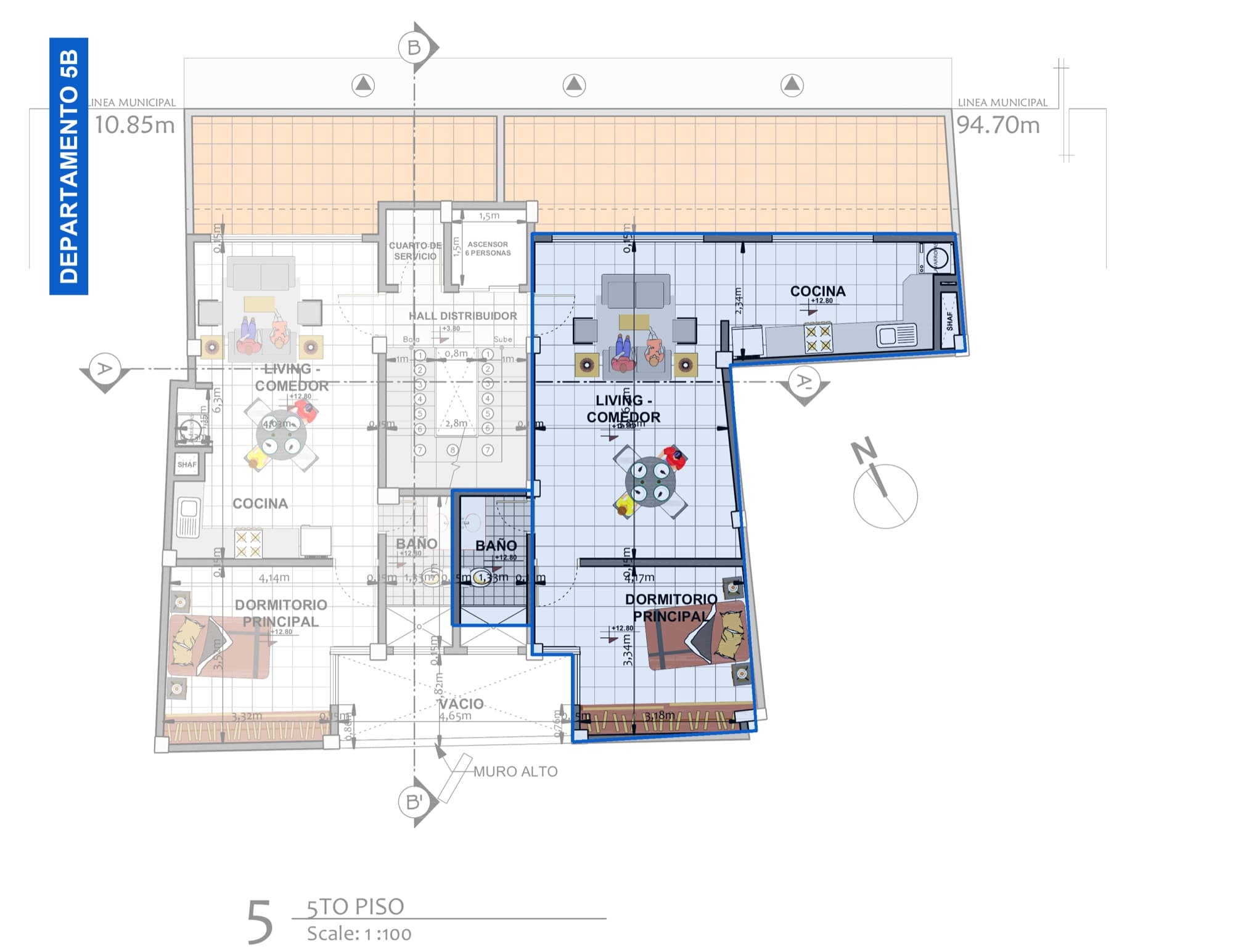 Plano del 5to piso con el departamento 5B resaltado
