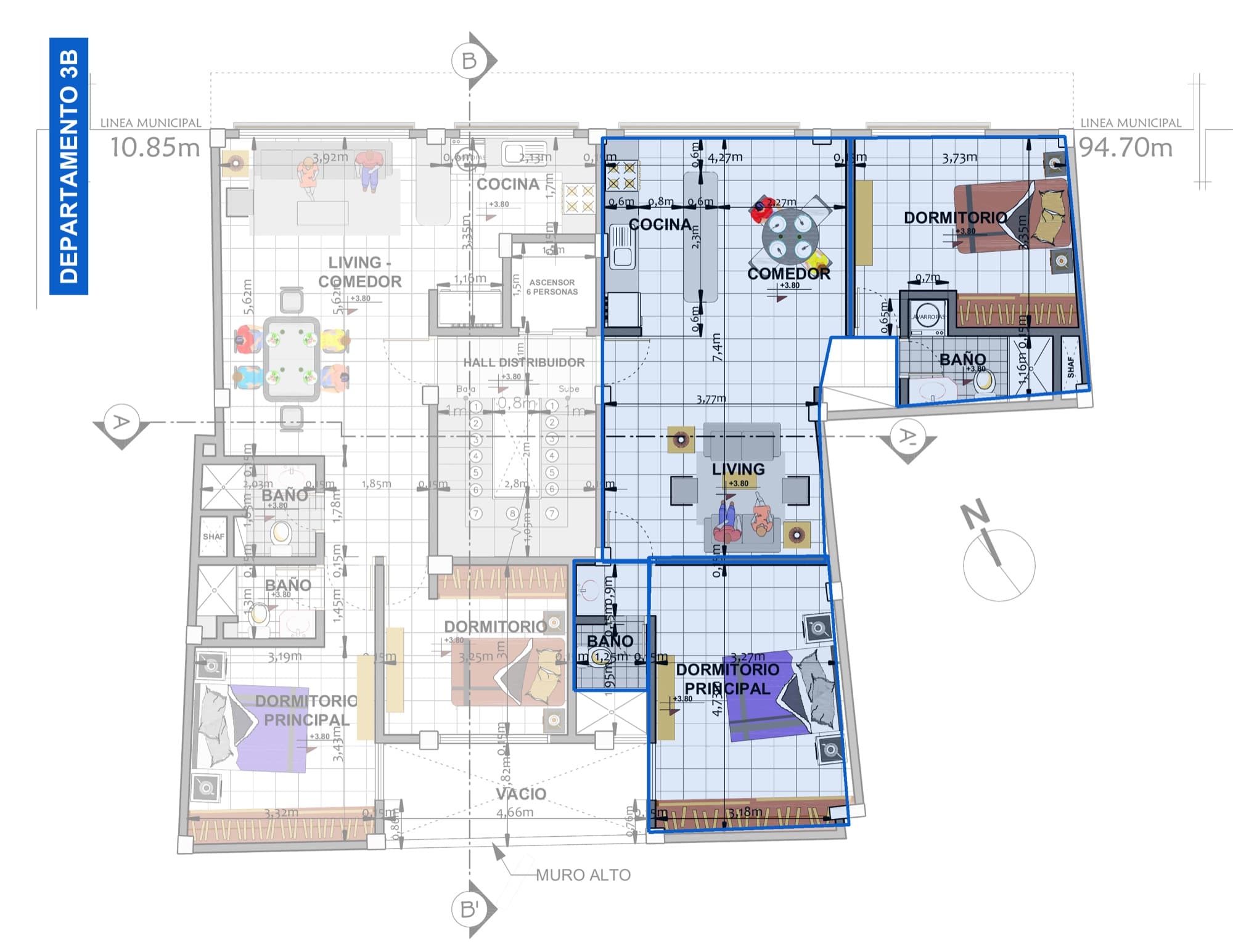 Plano del 3er piso con el departamento 3B resaltado