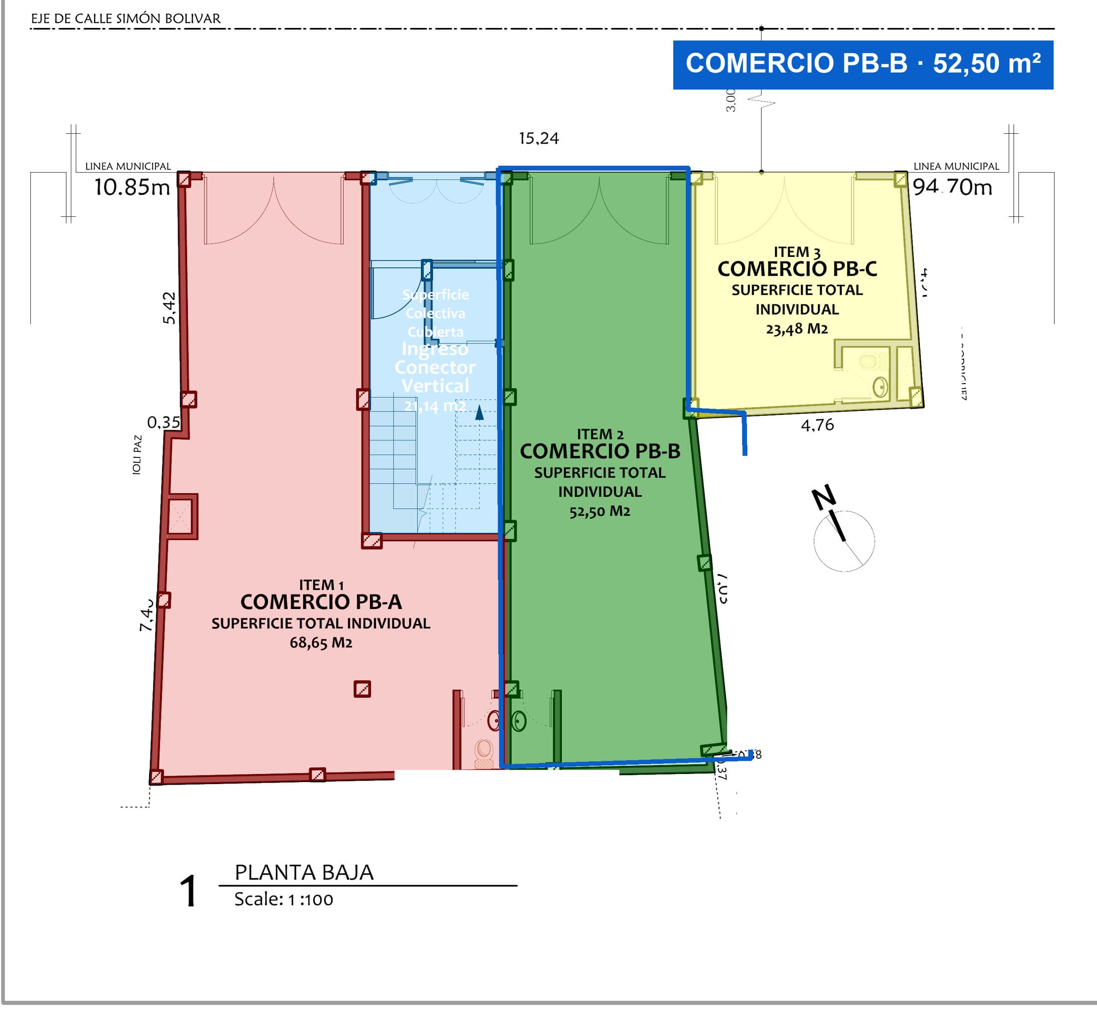 Plano de planta baja con el comercio PB-B resaltado